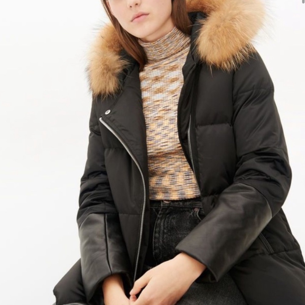 Sandro Marcie Down Black Fur Raccoon Trim Leather Sleeve Puffer Coat Jacket